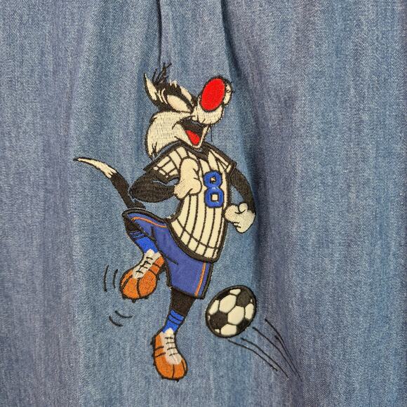 Looney Tunes Sylvester the Cat Soccer Theme Vintage Embroidered Blue Shirt XL - Picture 2 of 4